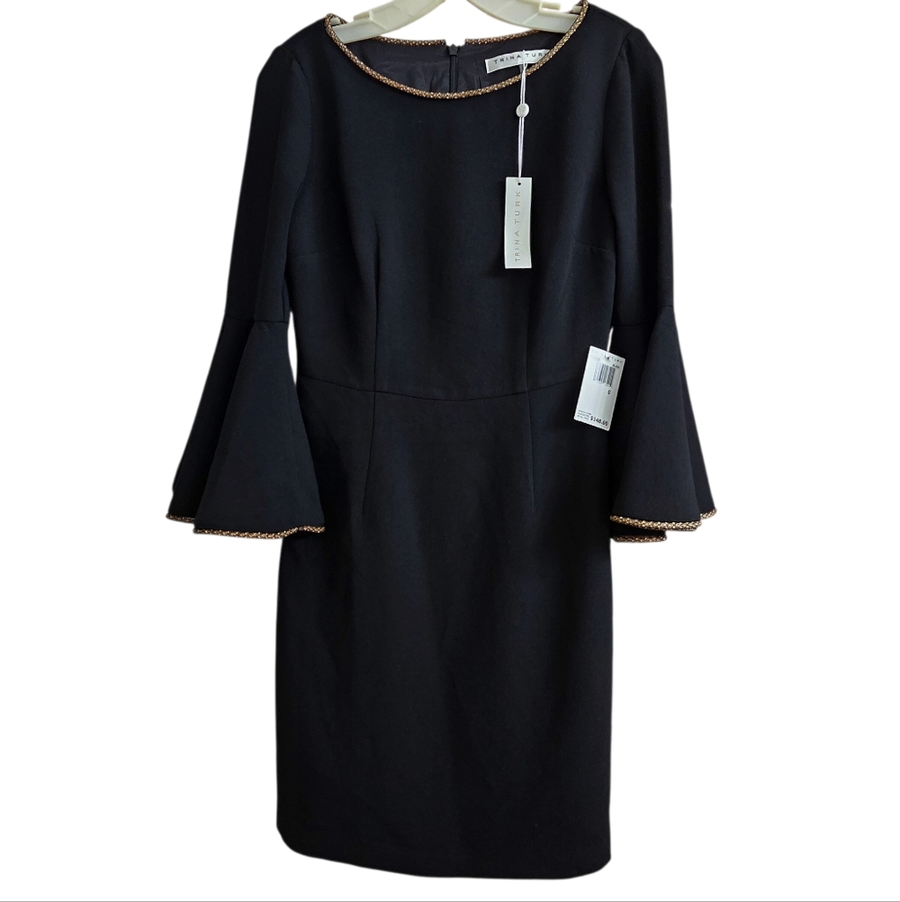 Trina Turk Black Structured Bell Sleeve Cocktail Evening Sheath Dress Size 0 NWT
